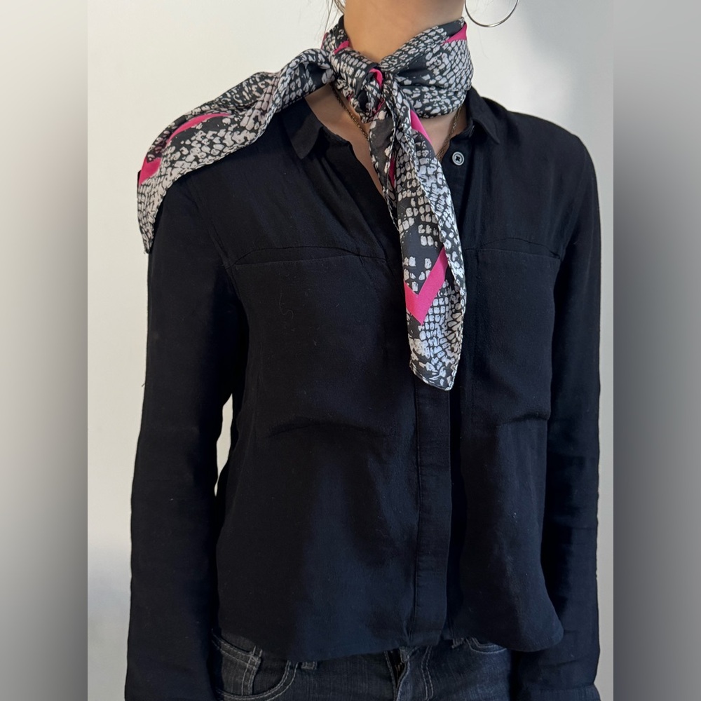 Black, Gray & Pink Patterned Silk Neck Scarf